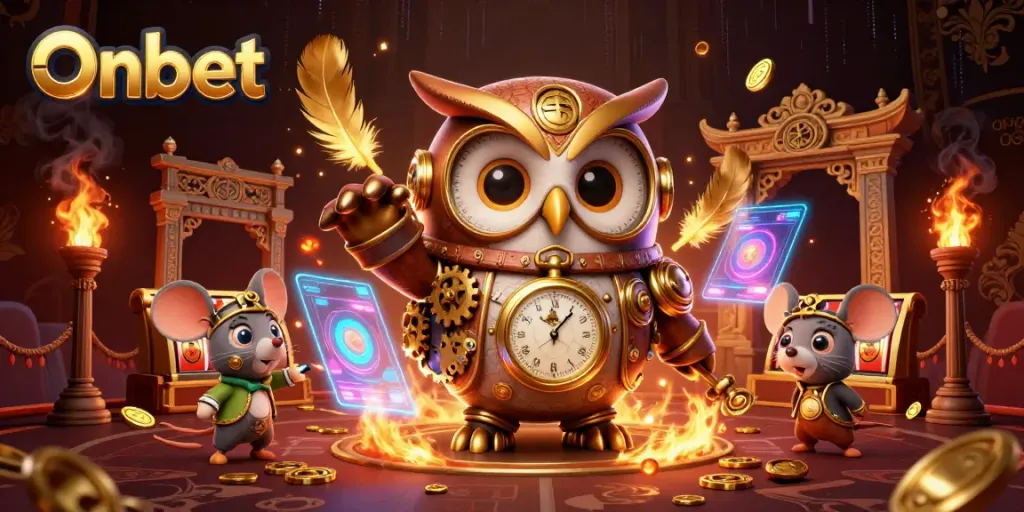 Experience Onbet's dynamic casino gaming world through a 3D illustration of an owl and mouse amidst vibrant casino elements.