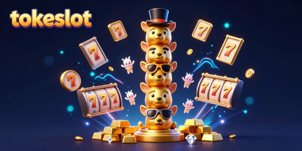 TokeSlot showcases vivid animated slot reels and treasures with golden treasures and vibrant casino elements.