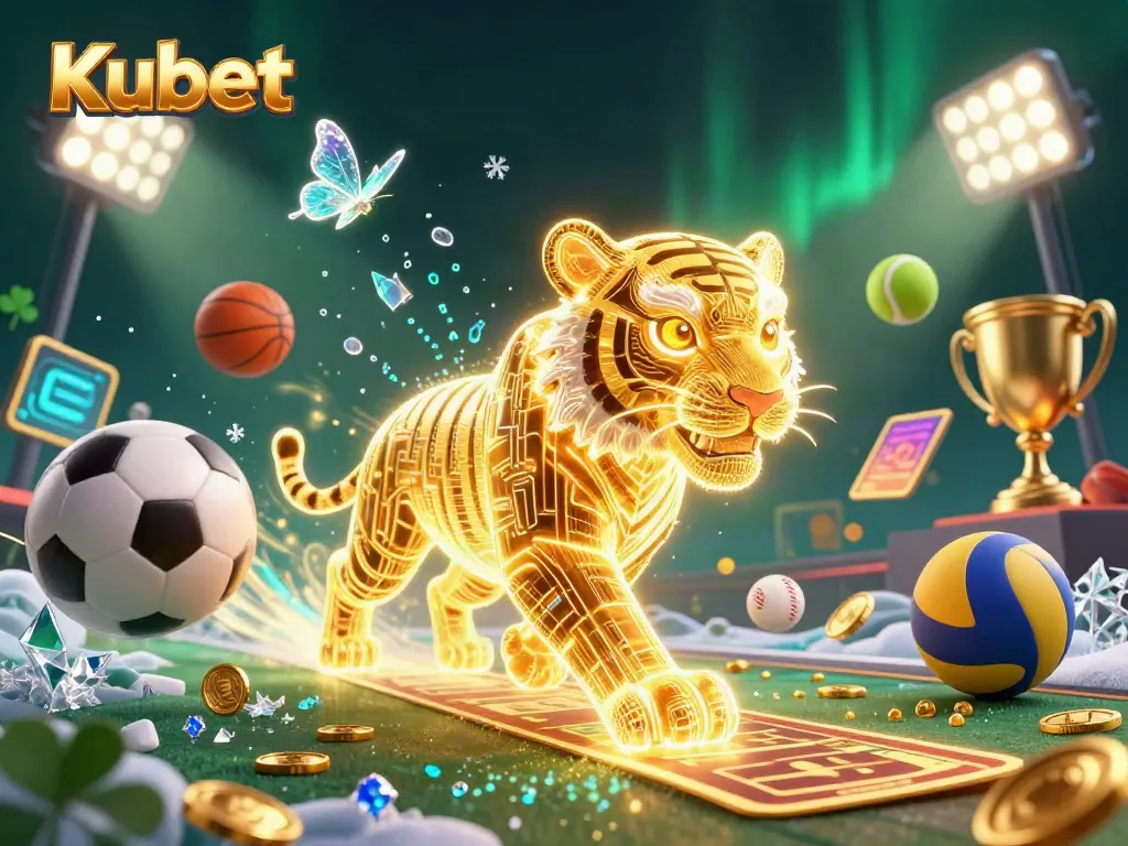 Kubet's vibrant casino scene showcases a golden tiger and sports elements, emphasizing dynamic gambling energy.