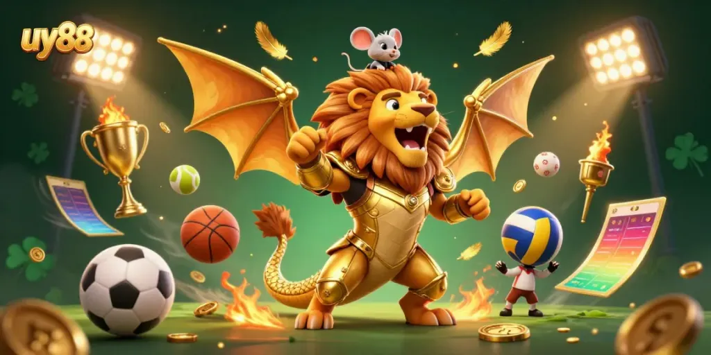 Experience the thrill of uy88 with a vibrant 3D casino scene featuring golden elements and dynamic sports actions.