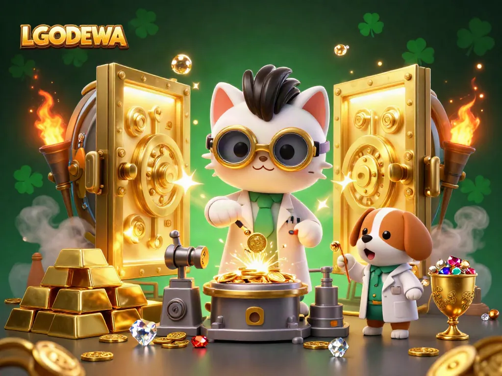 Spin the reels at LGODEWA's vibrant casino with a thrilling golden treasure vault scene bursting with riches.