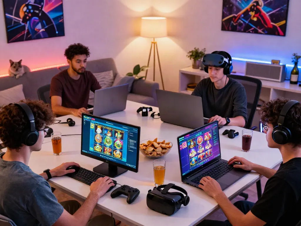 Dynamic scene of players enjoying ahha4d online slot games in a cozy home setting.