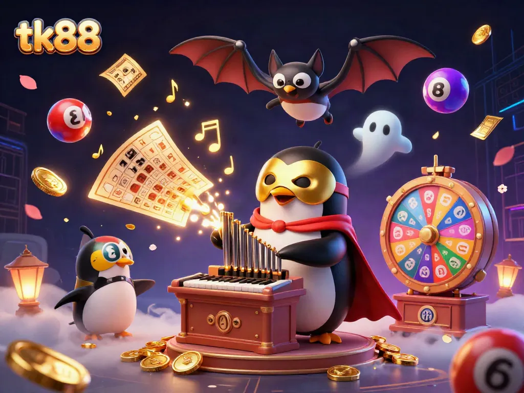 Celebrate wins at tk88 with a whimsical 3D scene of a penguin playing an organ surrounded by playful lottery elements