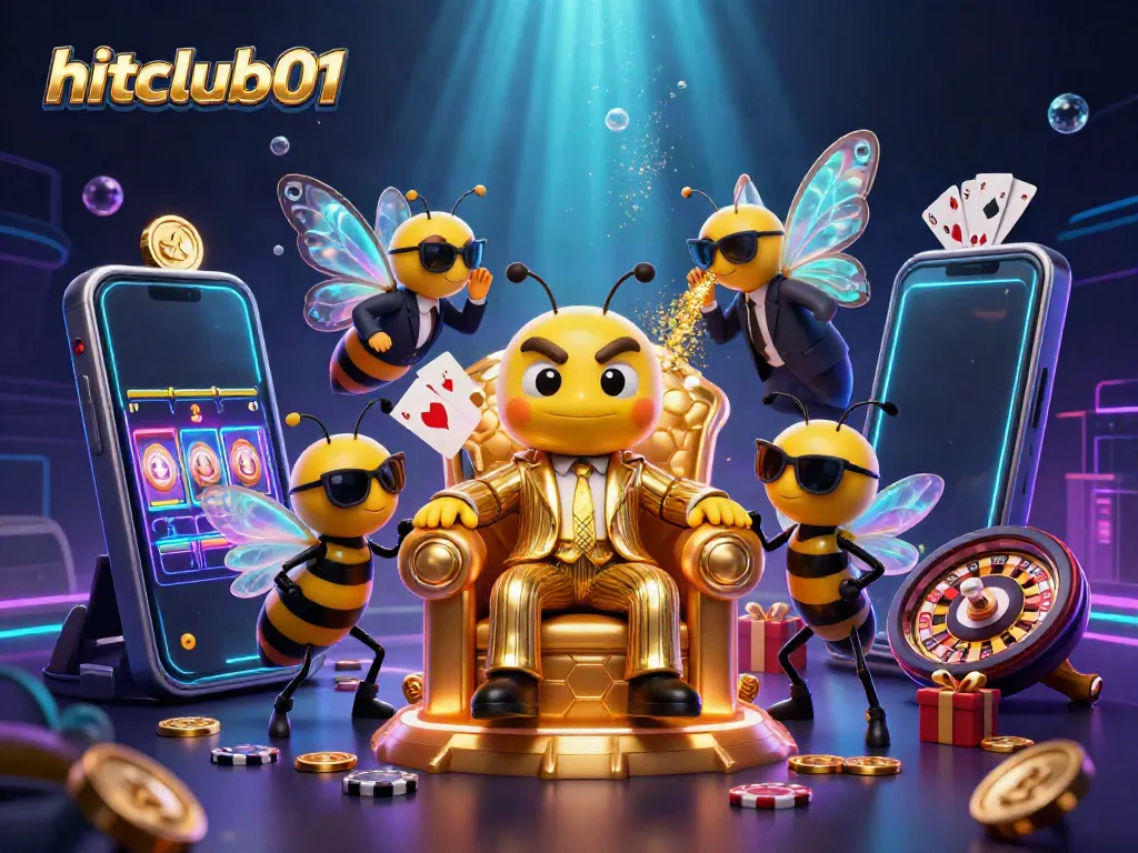 hitclub01 showcases a vibrant 3D scene of a bumblebee mob boss in a casino-themed throne room.