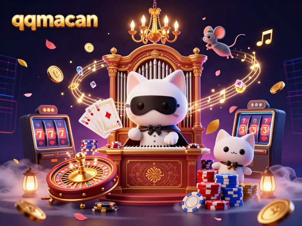 Experience thrilling gaming action at qqmacan with a whimsical illustration of a casino scene filled with excitement.