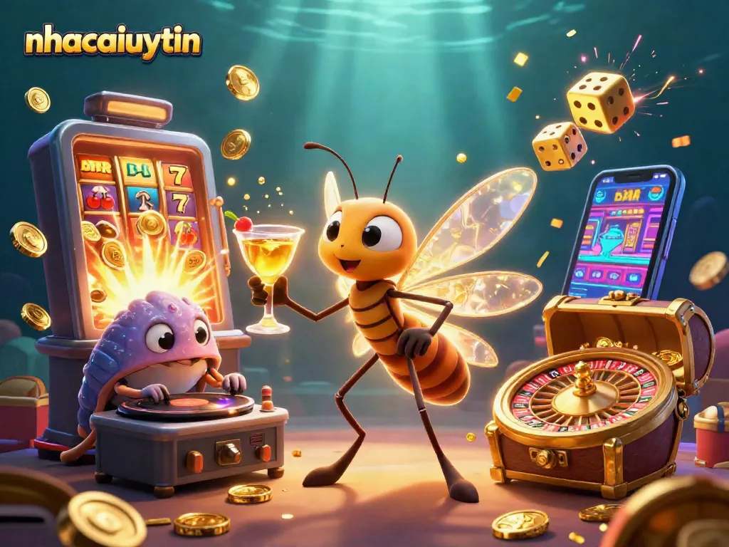 Experience the thrilling vibes of nhacaiuytin with a dynamic casino mascot scene, including slots and roulette.