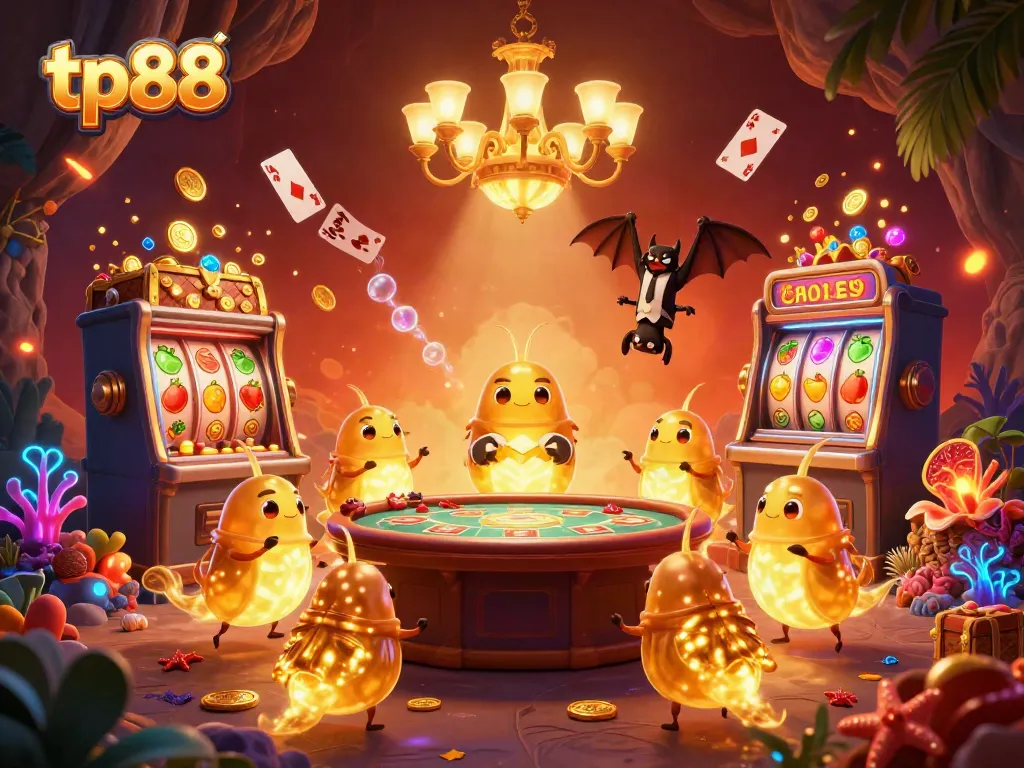 Experience the illuminating excitement of tp88 with vibrant glowworms lighting a cave casino filled with gold and gems.
