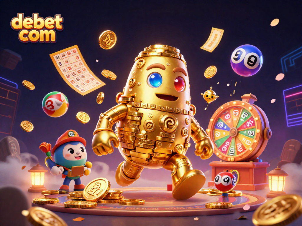 Experience exciting gaming action at debet com with a vibrant 3D casino scene filled with animated characters and prizes.