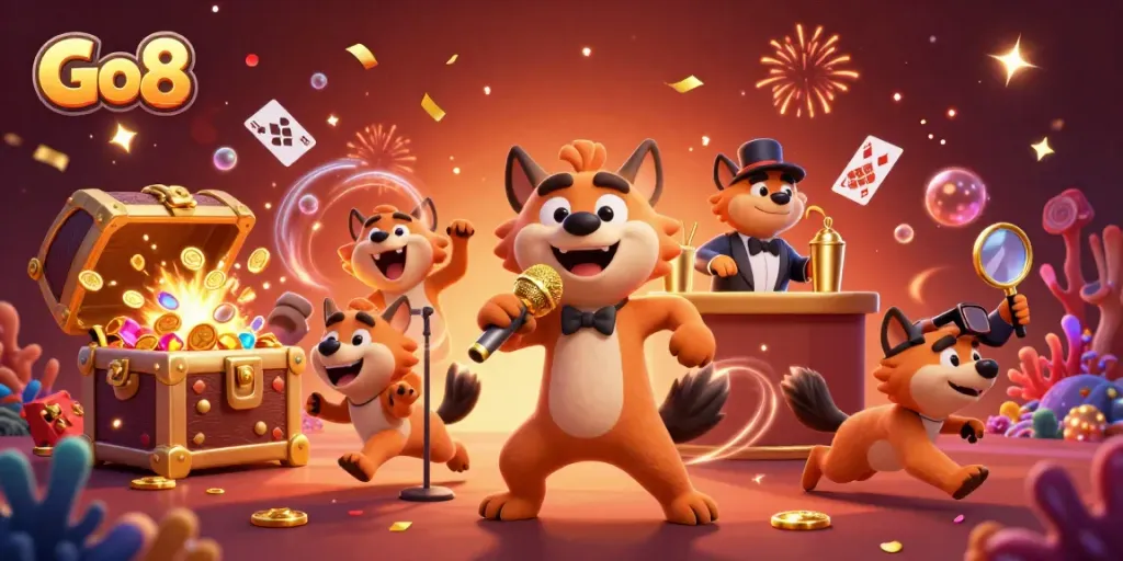 Go8's lively comedy casino scene showcases hyena characters engaging in fun activities amidst floating playing cards.