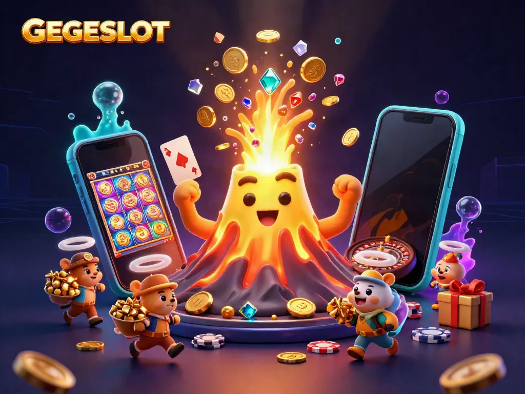 Experience the thrill of GEGESLOT with a vibrant 3D scene of a golden volcano erupting coins and treasure!