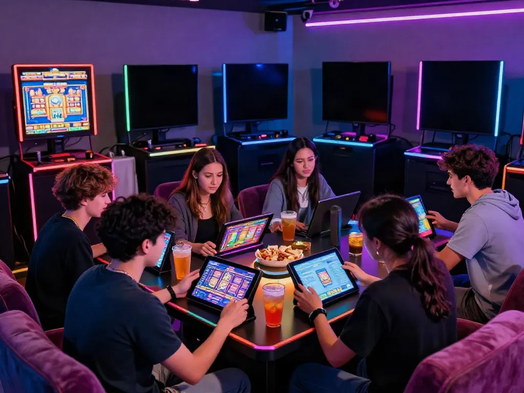 Friends enjoying slot demo games in a vibrant gaming lounge.
