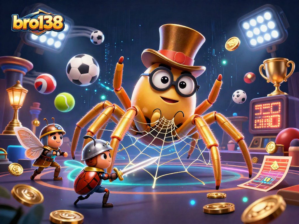Bro138 entertains with animated sports betting excitement featuring a golden tarantula and beetle knight.