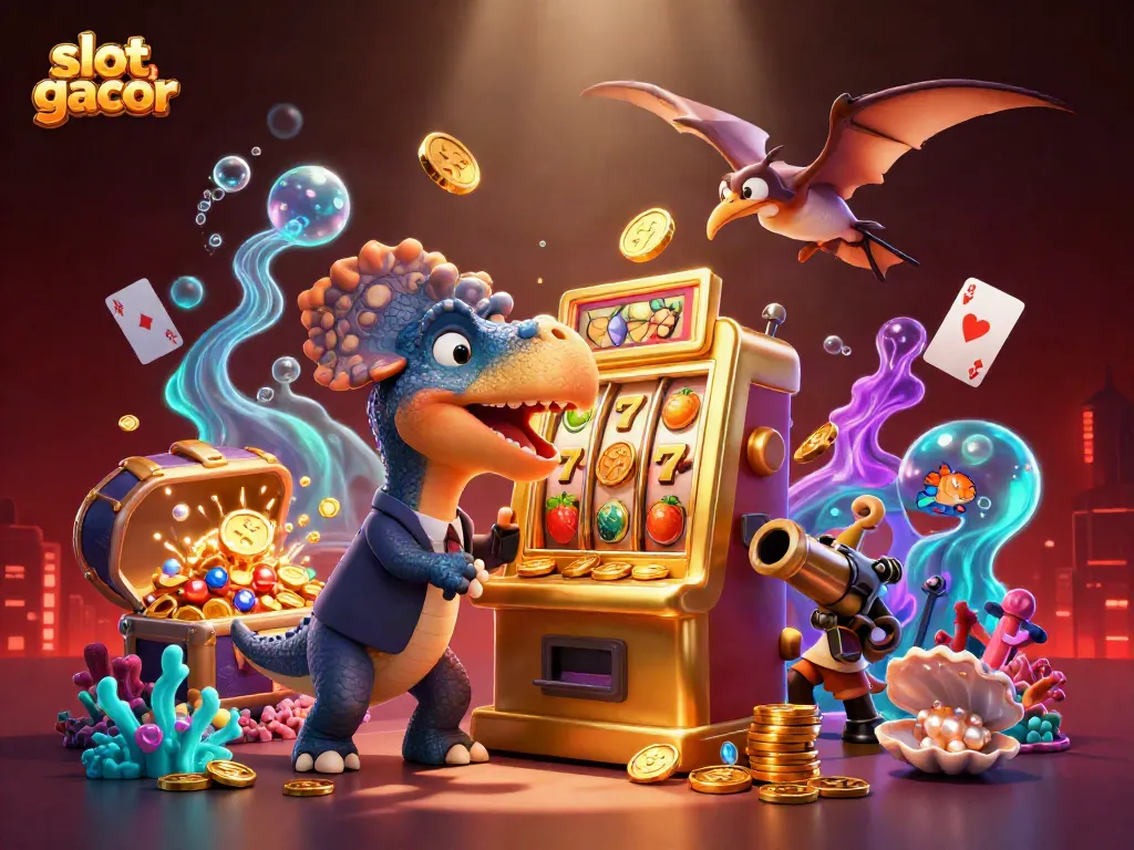 Catch the jackpot with slot gacor as dinosaurs interact with golden slot machines in an underwater casino scene.