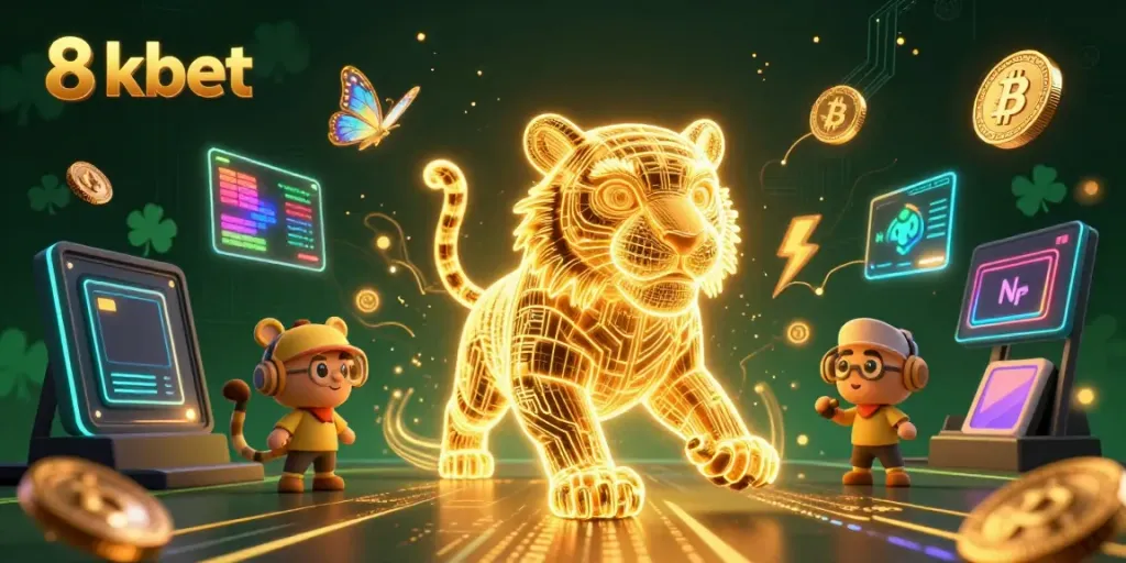 Experience the thrill of 8xbet's casino with our vibrant 3D illustration featuring neon characters and crypto elements.
