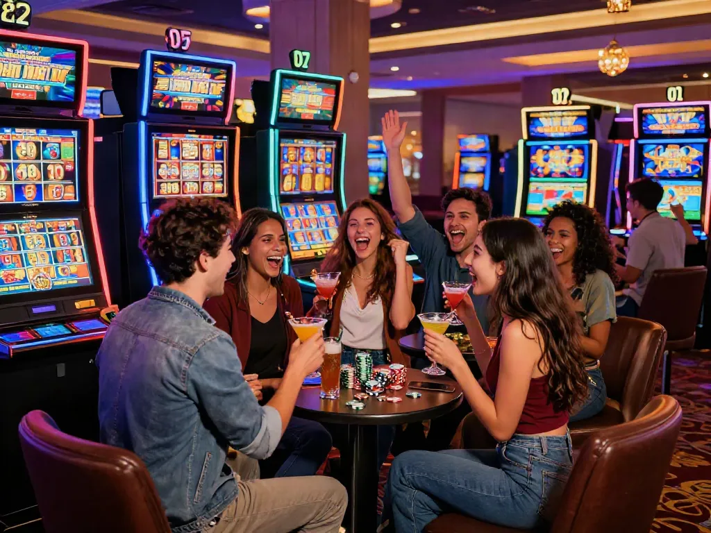 Akunjp gaming excitement with friends celebrating a jackpot win at a vibrant casino.