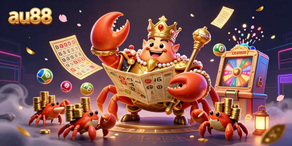 Experience the excitement of au88 with a vivid 3D scene showcasing lottery elements and a golden crab emperor.