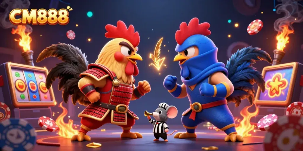 Witness the epic clash of CM888's armored roosters in a vibrant casino scene filled with gaming excitement.
