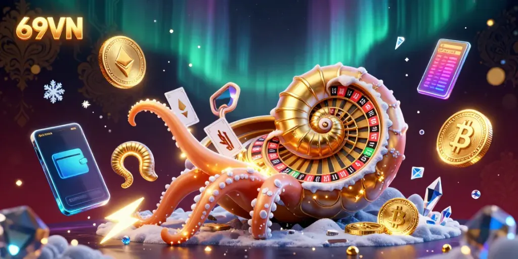 Experience the excitement of 69VN with a stunning 3D illustration of a nautilus roulette shell amidst vibrant crypto elements.