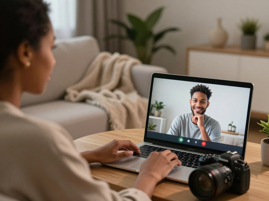 Diverse couple engaging in ai porn chat through screens in cozy home setting.