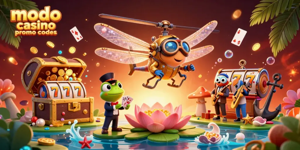 Engage with modo casino promo codes at an exciting lily pad casino featuring dragons and jazz musicians.