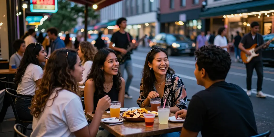 Gái gọi cùng bạn bè tận hưởng không khí sôi động trong quán cafe ngoài trời vào buổi tối.