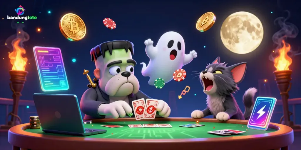 Engage with bandungtoto as a Frankenstein bulldog deals cards in a captivating online gaming scene.