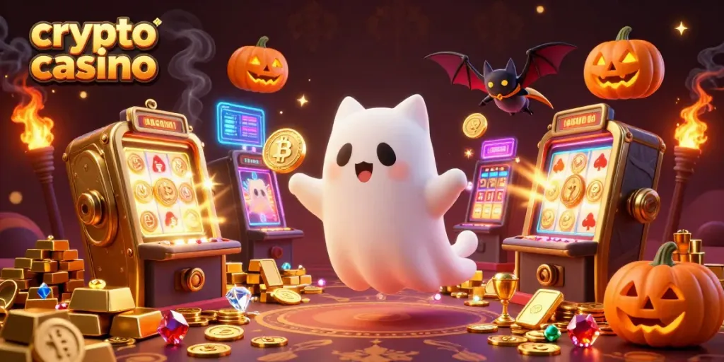 Engage in the exciting world of a crypto casino with vibrant ghost cat, bat, and glowing elements.
