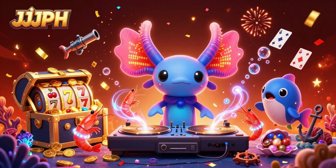 Magandang ilustrasyon ng JJJPH casino na nagpapakita ng axolotl DJ kasama ang mga masayang hipon at blowfish sa ilalim ng dagat.