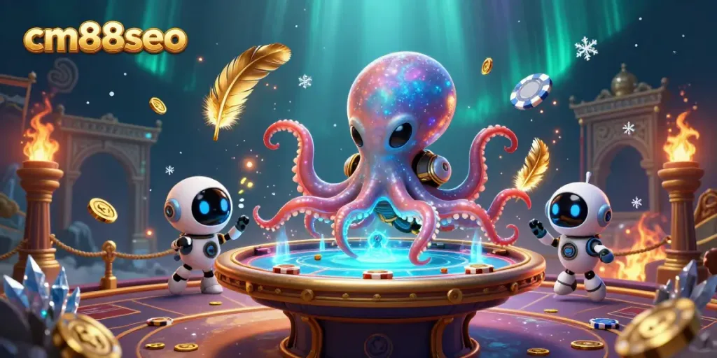 Experience vibrant gaming with cm88seo's thrilling poker atmosphere featuring an alien octopus and robot.