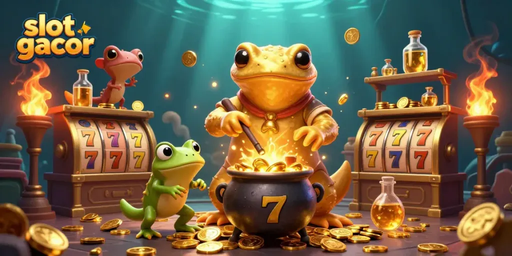 Experience slot gacor excitement with a golden salamander alchemist and his frog apprentice in a vibrant casino scene.