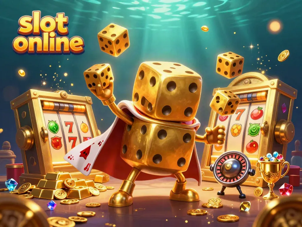 Engage with slot online action as a golden dice golem juggles luck, surrounded by vibrant casino elements.