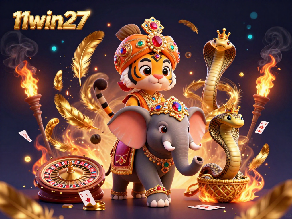 Experience the excitement of live casino at 11win27 with a rich 3D scene featuring a maharaja tiger and live gaming elements.