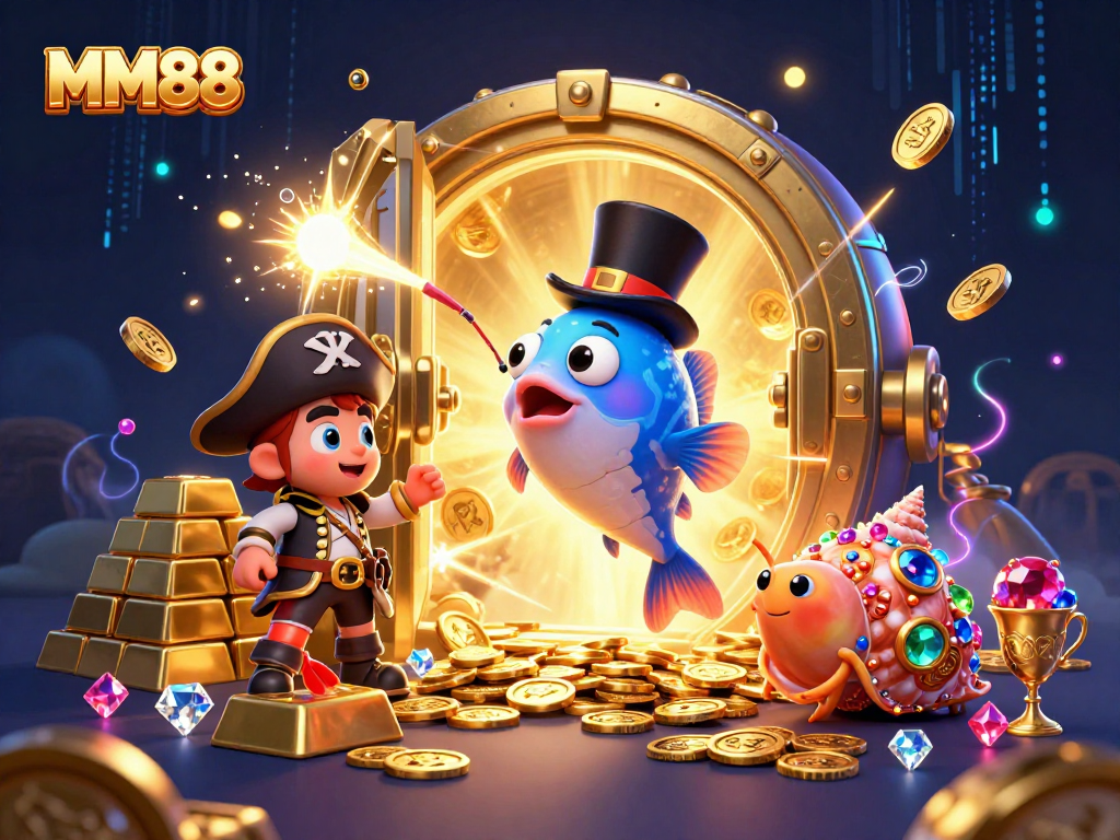 Experience thrilling gambling with MM88, featuring vibrant characters and treasure elements in a dazzling casino scene.
