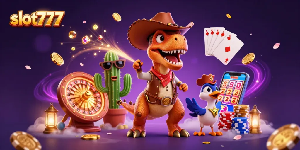 Mainkan slot777 dengan karakter unik sambil dikelilingi koin emas dan permainan kartu.