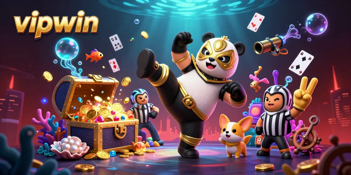 Experience the thrill of vipwin with a dynamic 3D illustration featuring a professional wrestler panda and vibrant gaming elements.