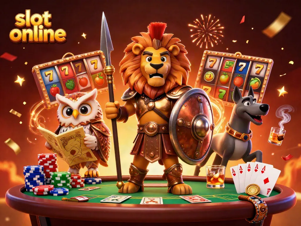 Mengamankan akses slot online dengan karakter penuh aksi di kasino, menggambarkan tombol dan simbol permainan.