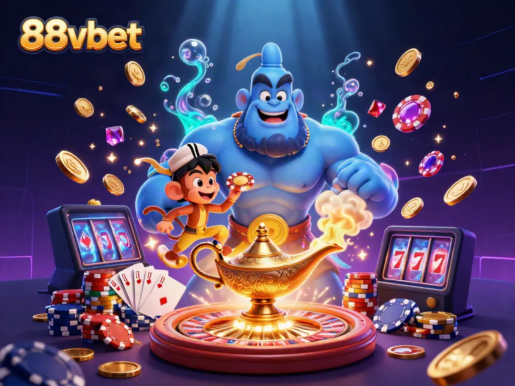 Experience the excitement of 88vbet with a genie, monkey, and magic carpet in a vibrant casino scene.