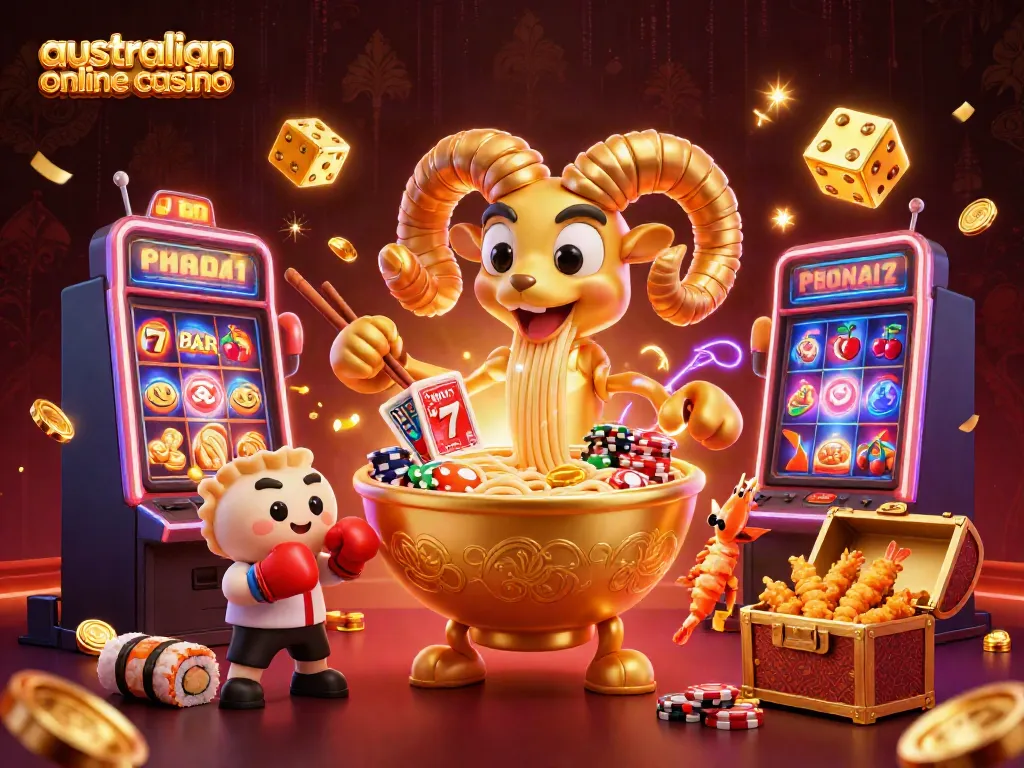 A vibrant illustration showcasing an australian online casino scene with a golden ramen bowl dealer and immersive gaming elements.
