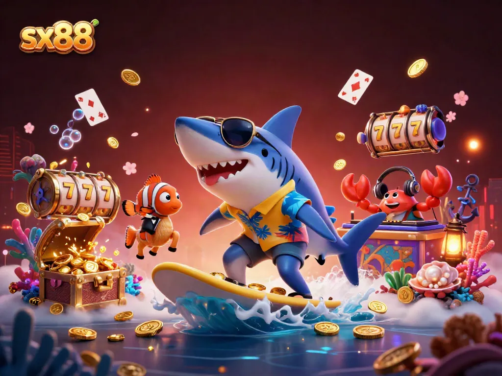 Sx88 animated characters showcasing casino action with slot reels, enriching the gambling experience.