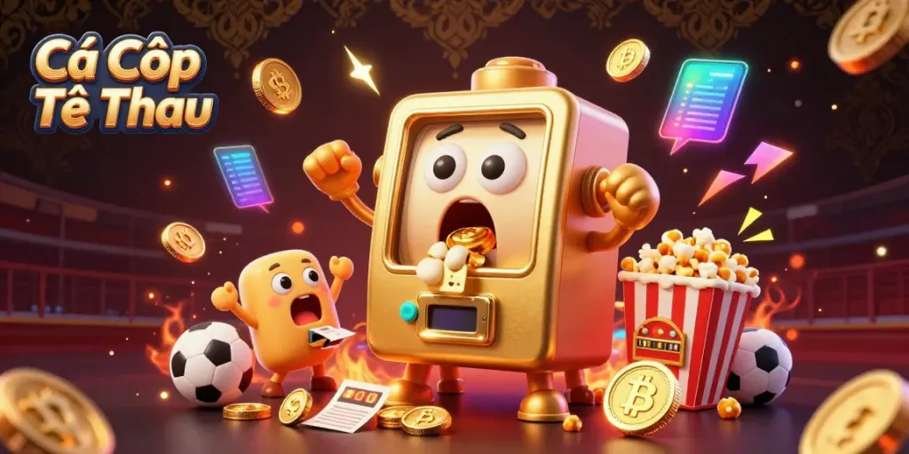 Cá Cược Thể Thao scene with golden slot machine celebrating a jackpot in a vibrant sports betting atmosphere.
