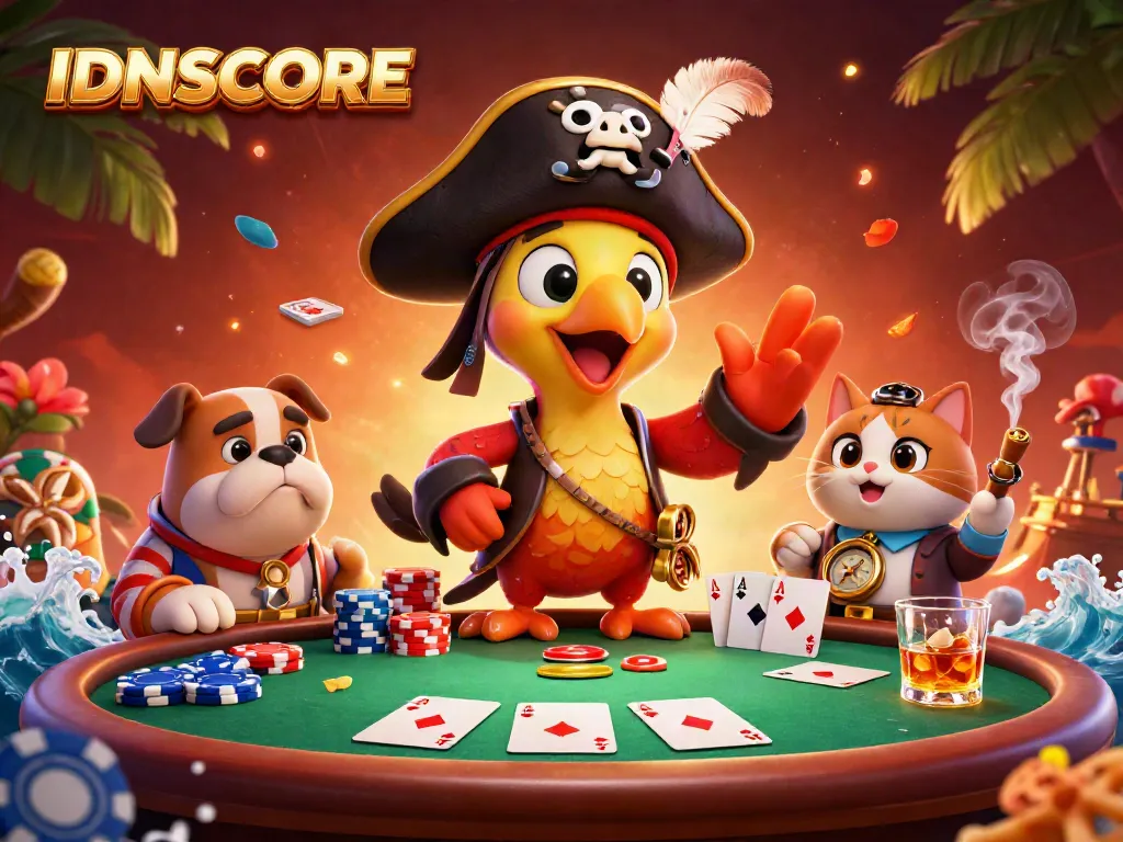 IDNSCORE pirate-themed casino scene with poker elements and characters, creating an engaging online gambling atmosphere.