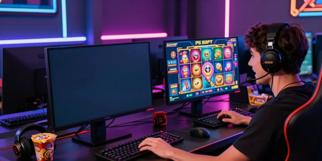 Engaged player experiencing slot gacor games in a vibrant gaming setup.