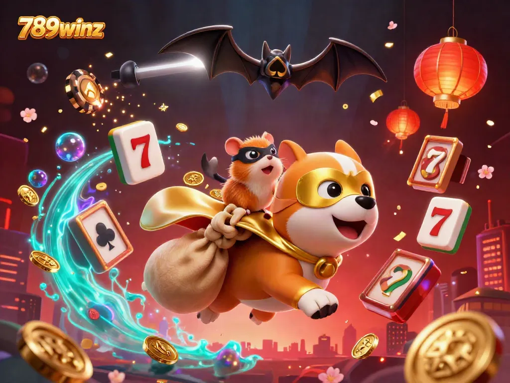 Experience the excitement of 789winz with a superhero dog flying through a vibrant casino scene filled with dynamic slot reels.