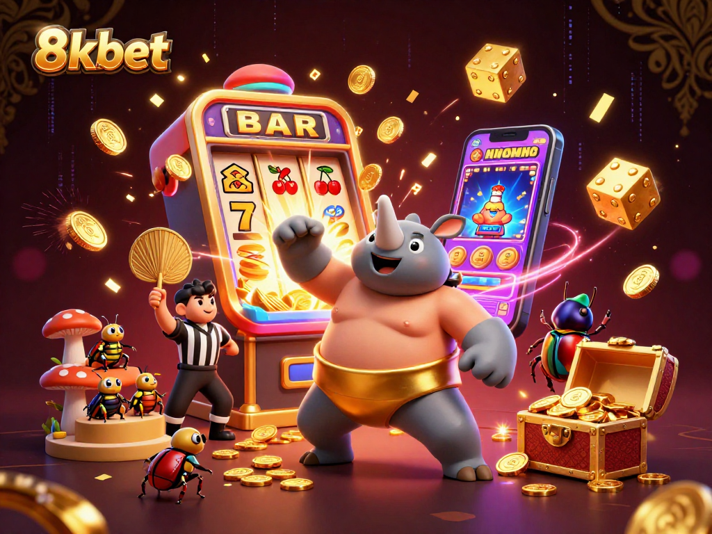 Experience thrilling action at 8xbet, with a lively casino scene featuring vibrant characters and exciting game elements.