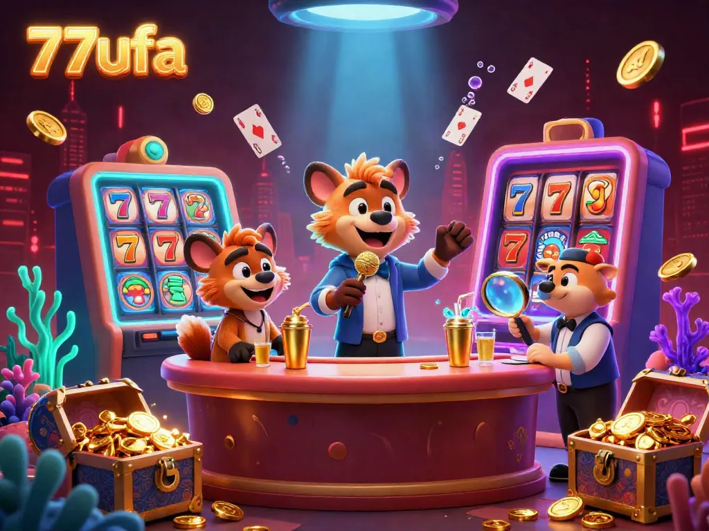 Experience the exciting atmosphere at the 77ufa casino with hyenas entertaining, mixing drinks, and securing the show while surrounded by vibrant slot game details.