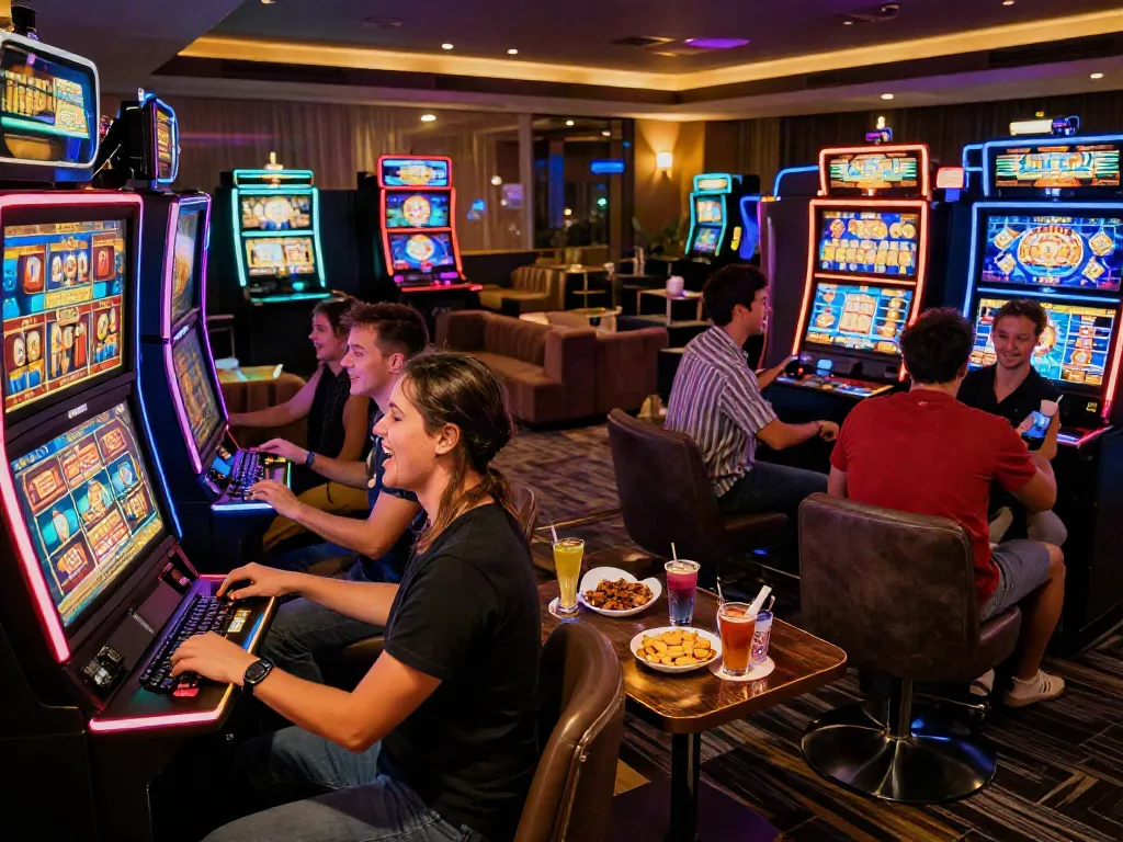 luxury12 gaming experience with friends enjoying vibrant slot machines