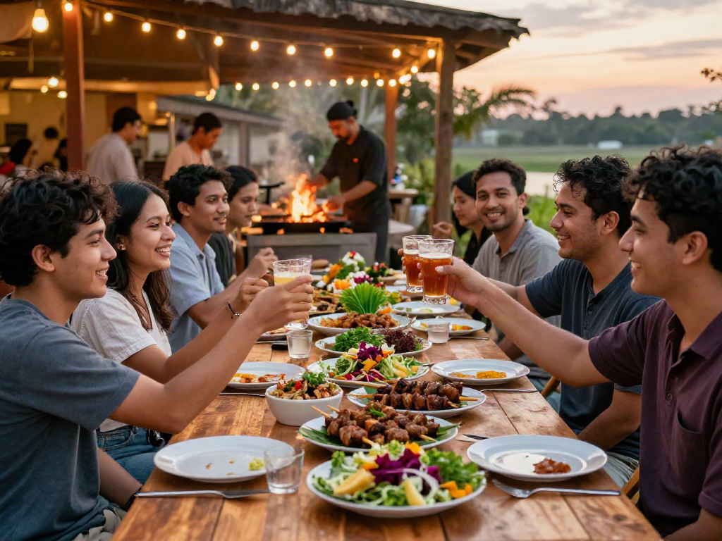Outdoor dining scene featuring kebuntoto dishes, guests enjoying vibrant meals under string lights.