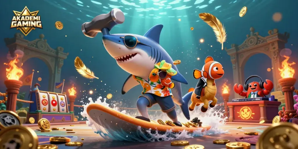 Engage in the thrilling world of AKADEMIGAMING with immersive 3D graphics featuring a shark surfing on gold coins.