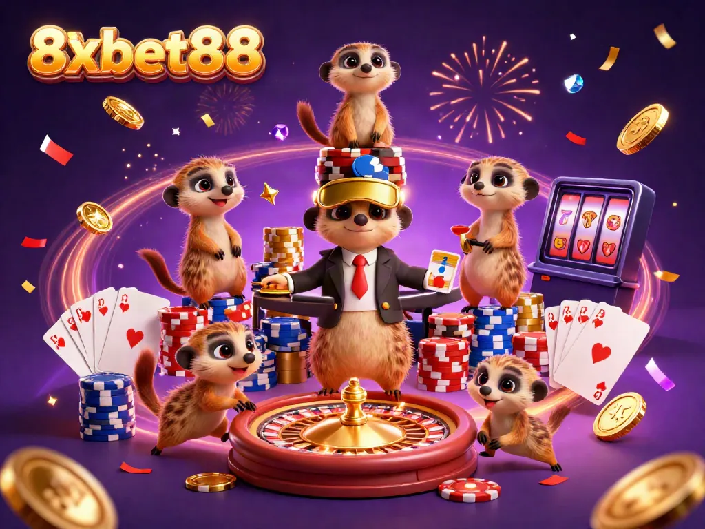 Experience thrilling gaming at 8xbet88 with adorable meerkats managing a vibrant casino scene.