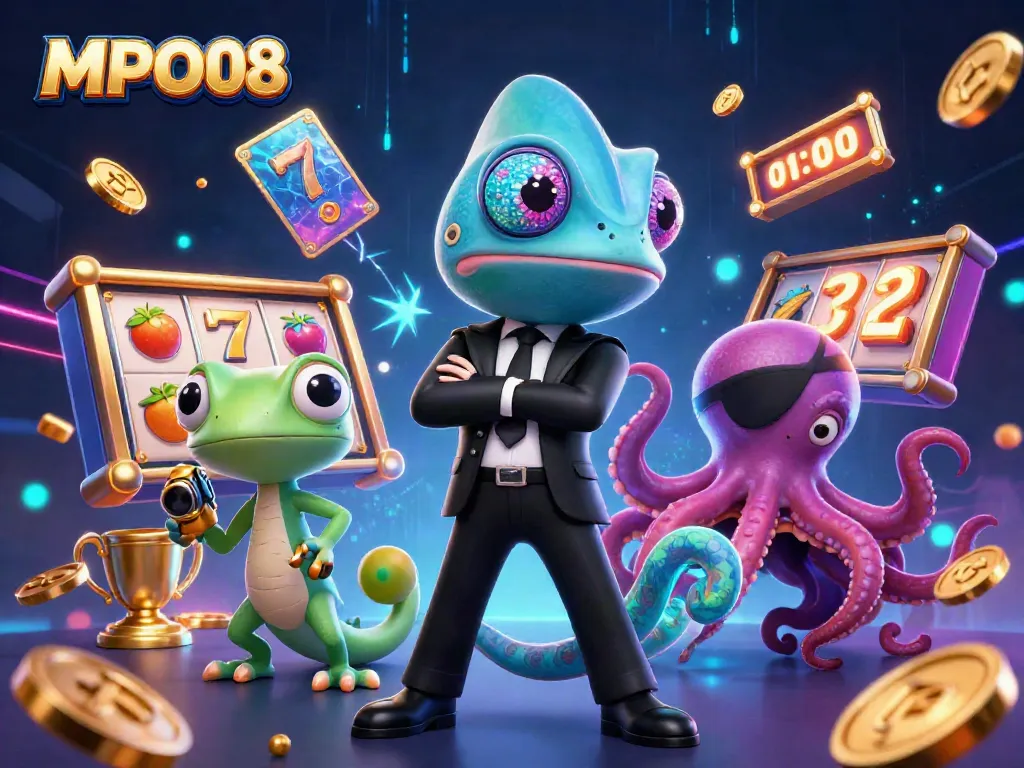 MPO08 showcases a thrilling casino scene with dynamic slot reels, a colorful chameleon, and golden gadgets.